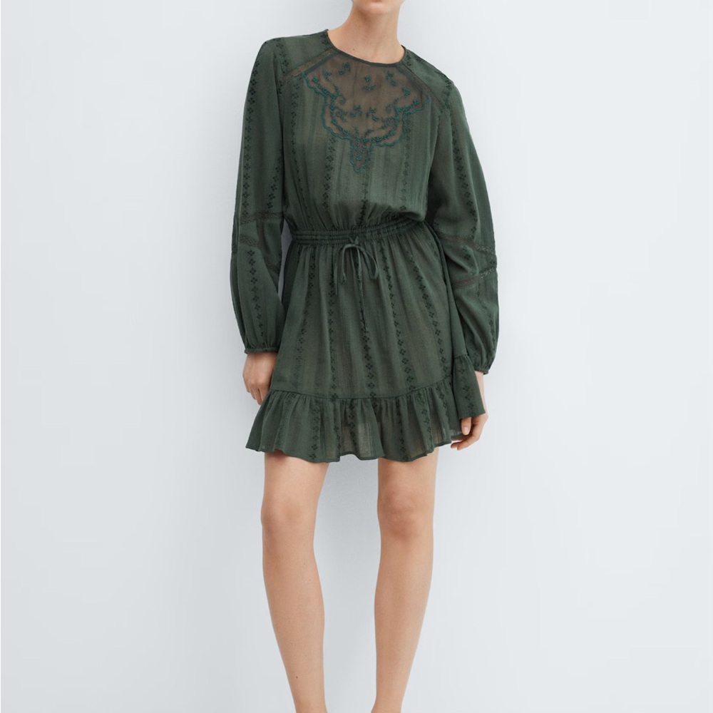 Mango embroidered green dress (worn once, excellent condition)